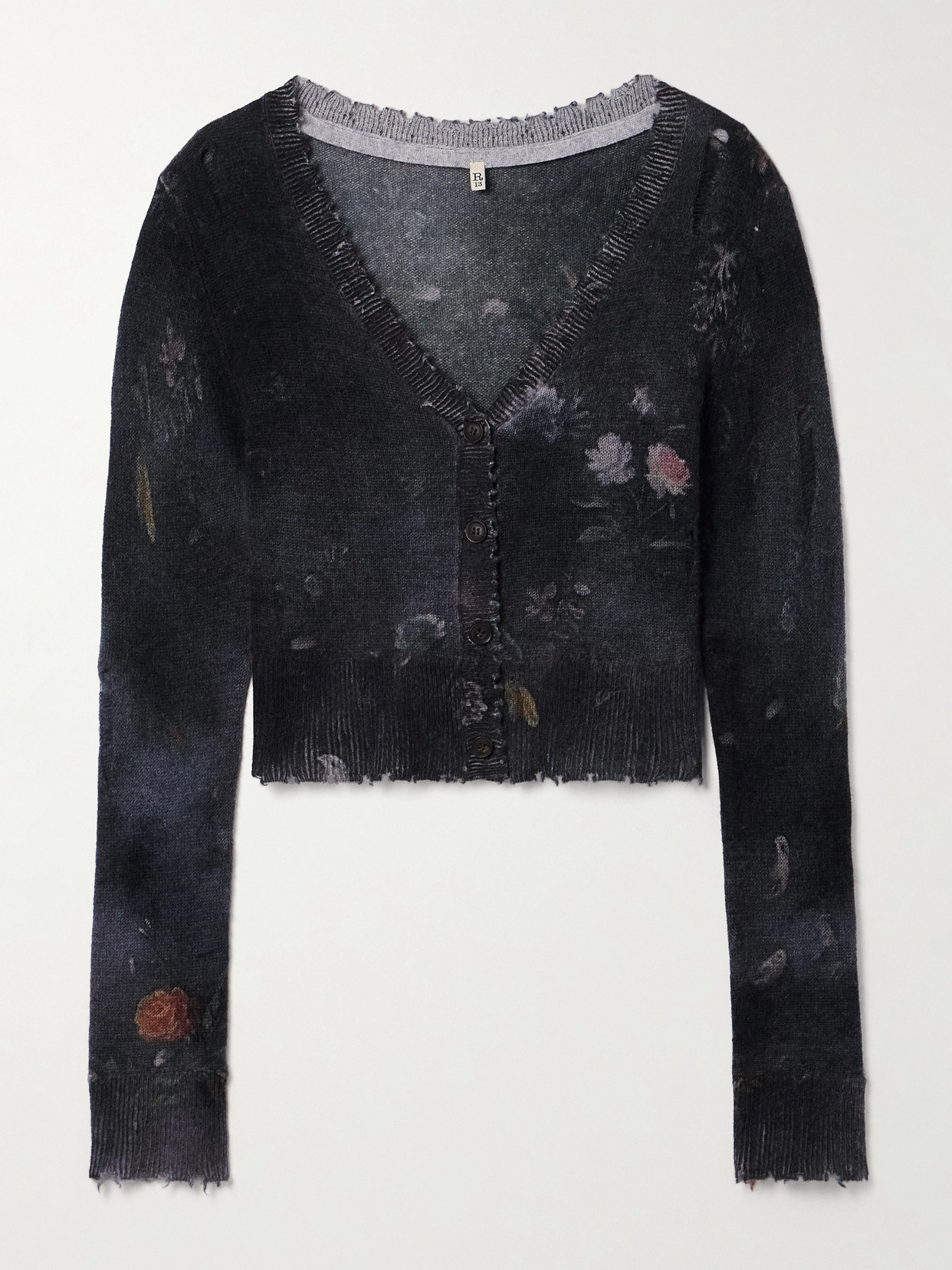 R13 Cropped Distressed Floral-print Cashmere Cardigan In Black