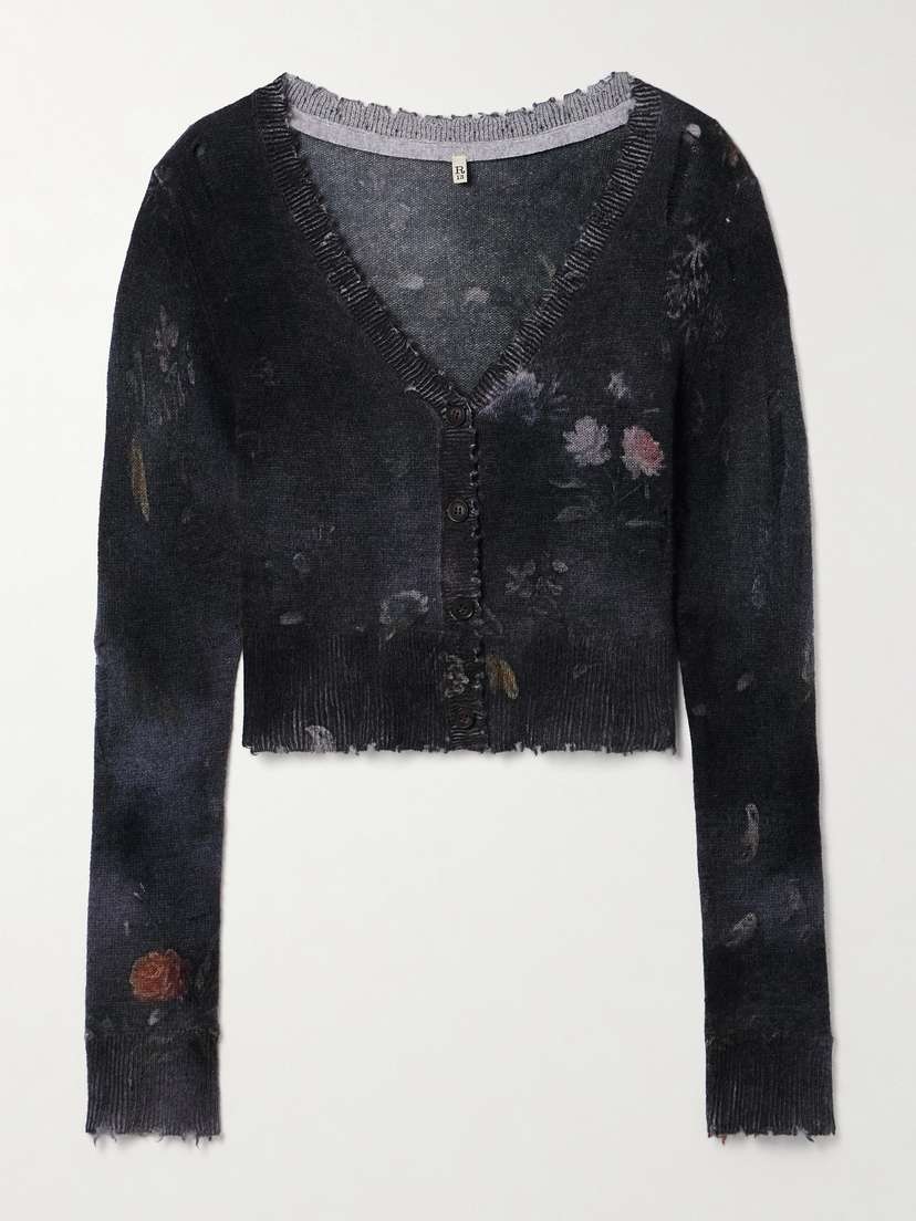 R13 Cropped Distressed Floral-print Cashmere Cardigan