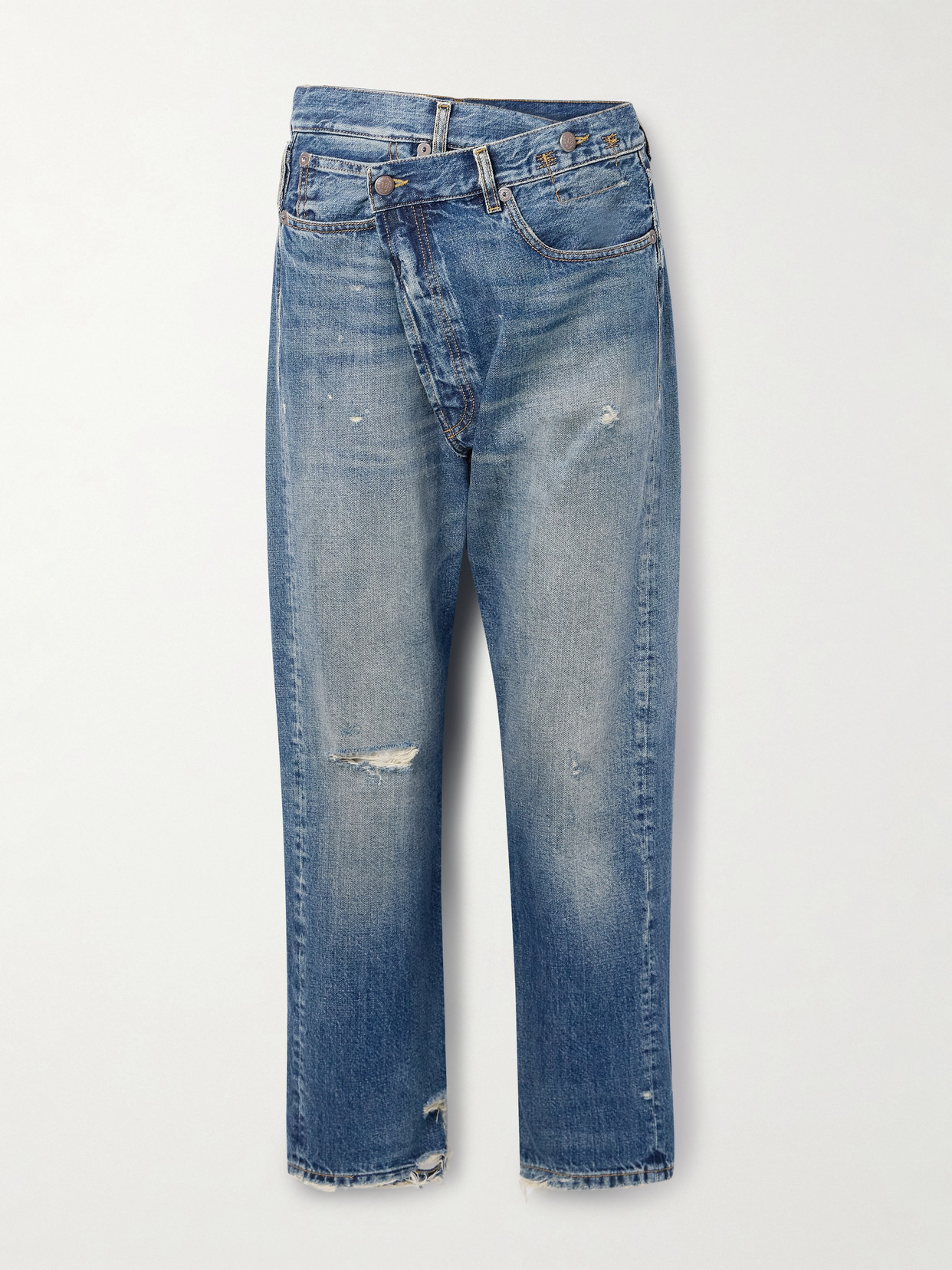 R13 Crossover Asymmetric Distressed Boyfriend Jeans In Blue