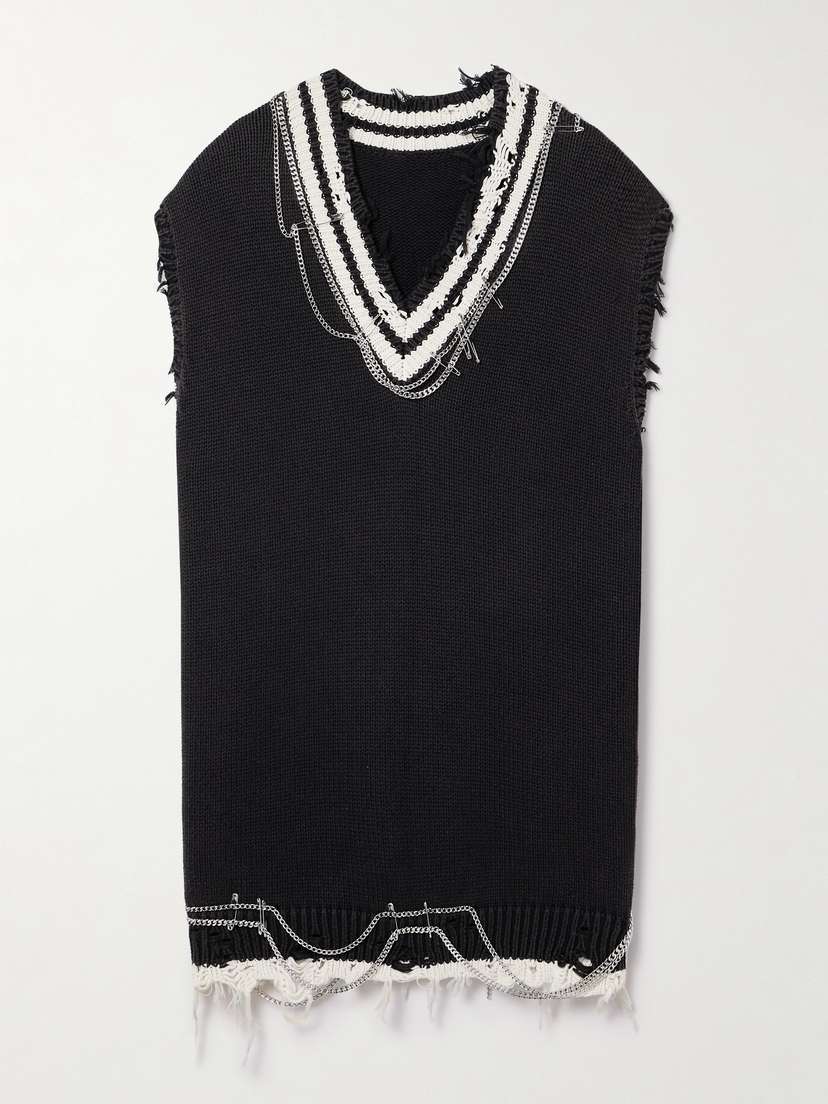 R13 Distressed Embellished Striped Cotton Mini Dress