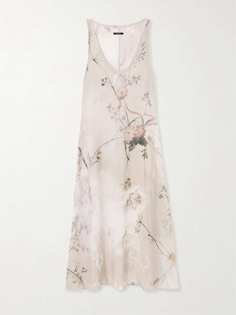 R13 Printed Washed Satin Midi Dress