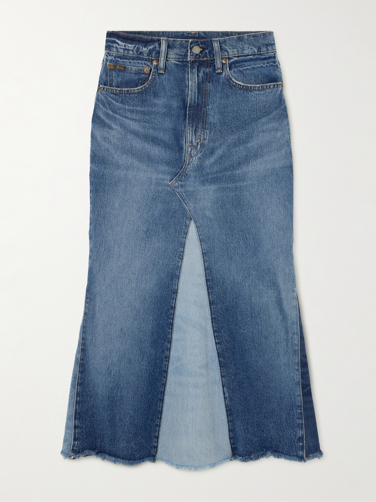 Polo Ralph Lauren Frayed Paneled Denim Midi Skirt In Blue