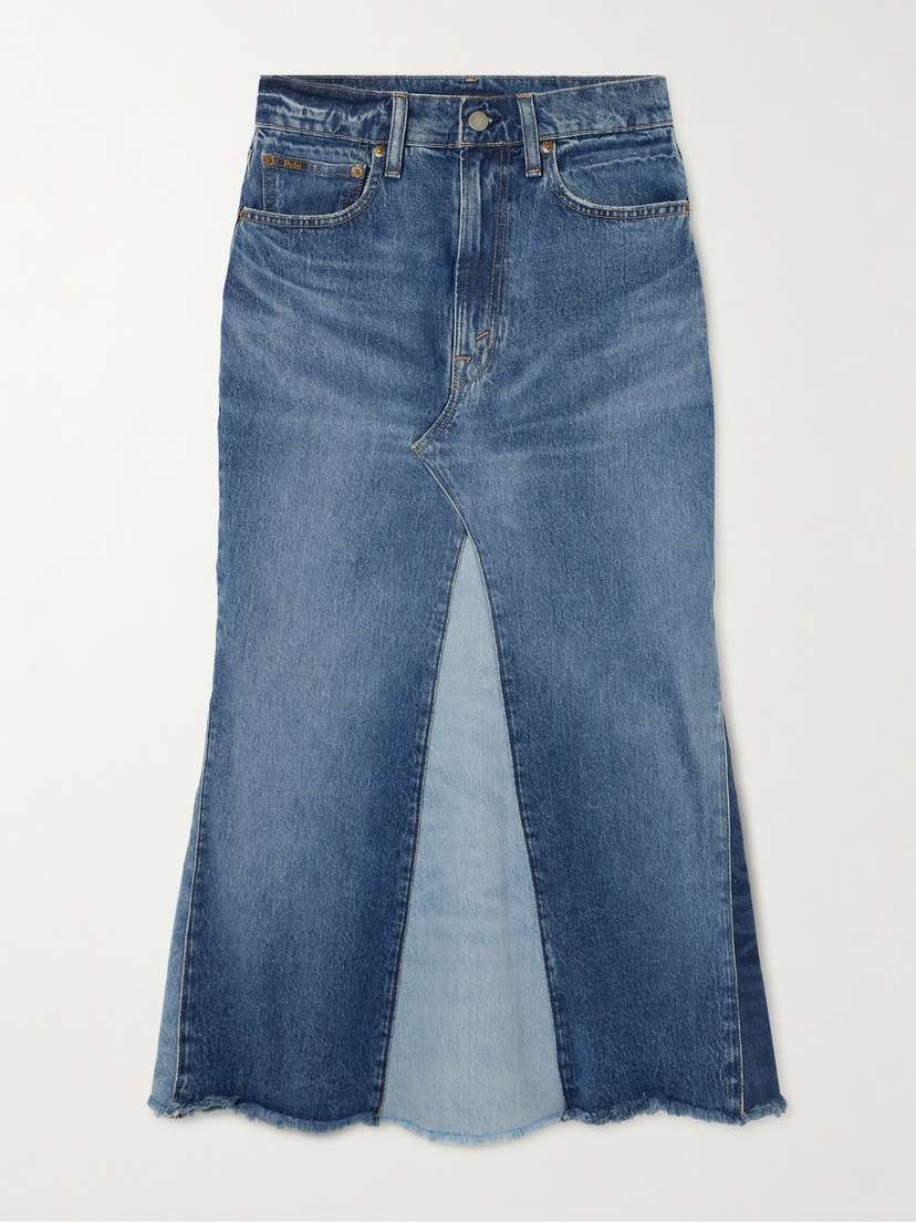 Polo Ralph Lauren Frayed Paneled Denim Midi Skirt