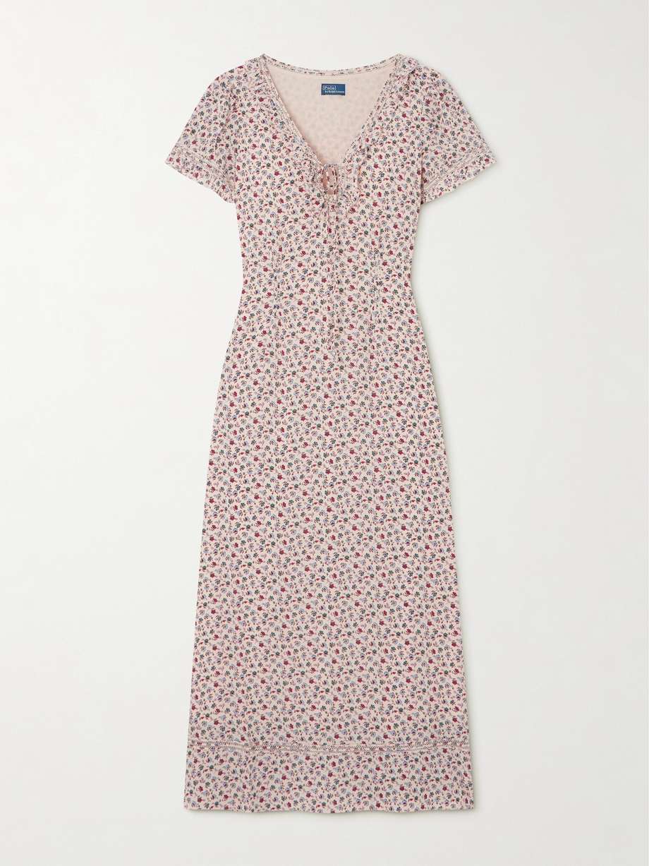 ruffled floral-print lace-trimmed crepe de chine midi dress