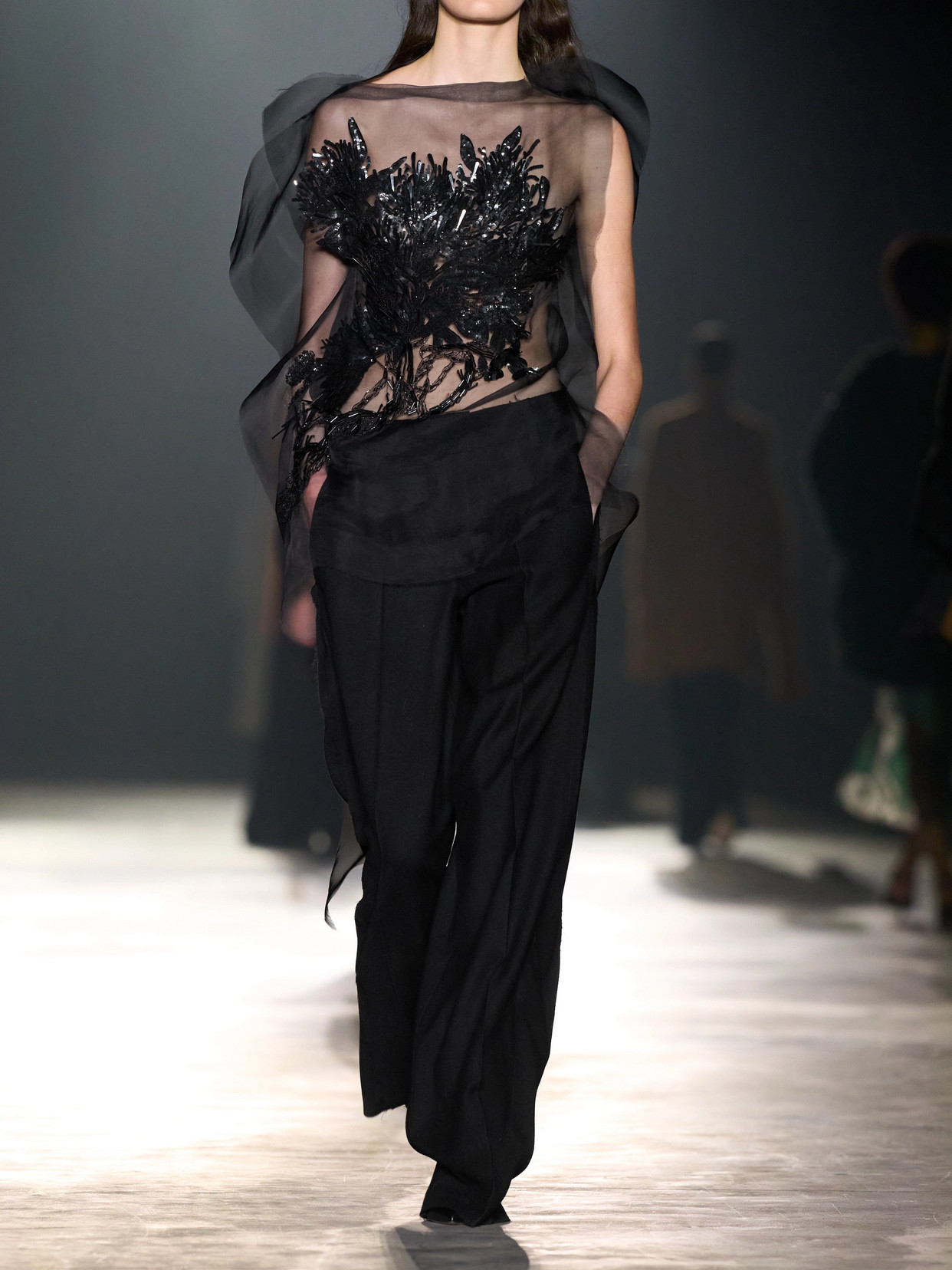 Jason Wu Collection Asymmetric Embellished Organza Top In Black