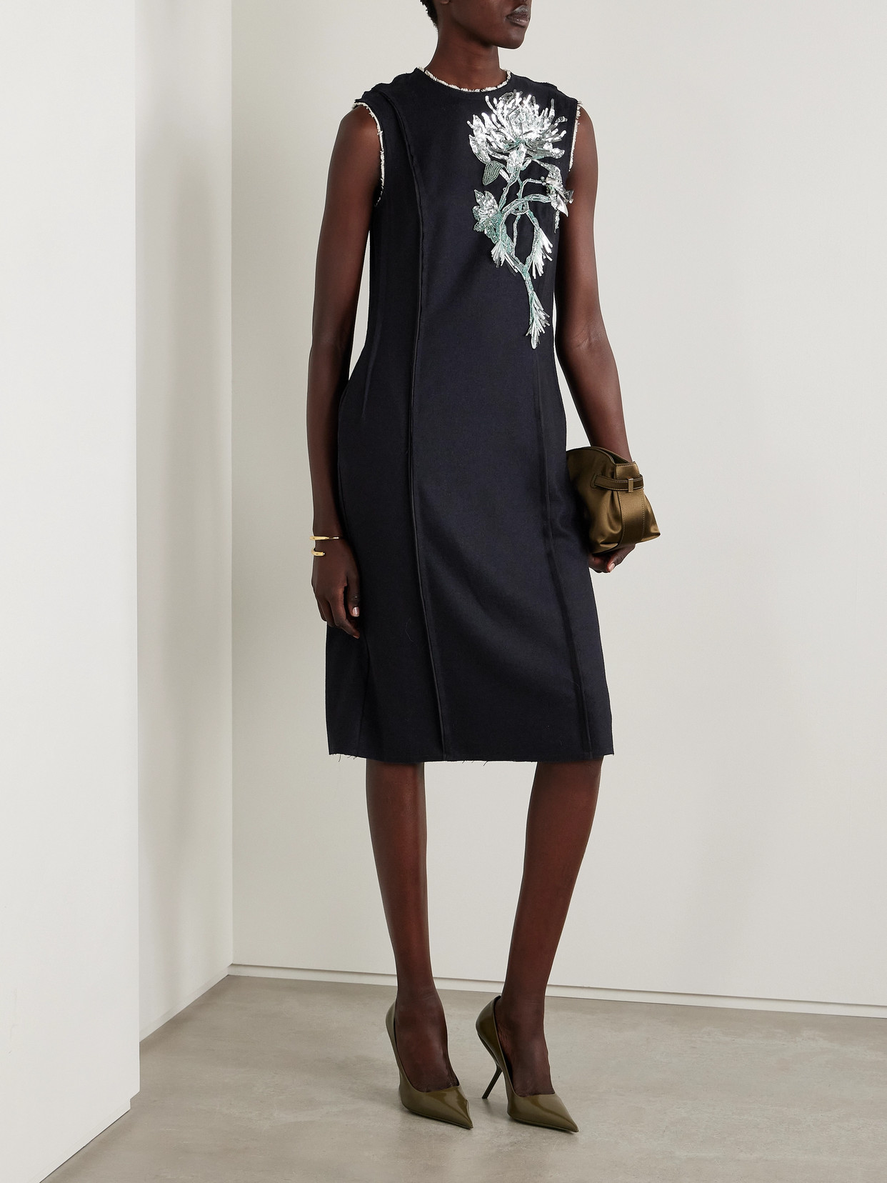 Jason Wu Collection Floral Bead Sequined Midi Wool Dress In Blue