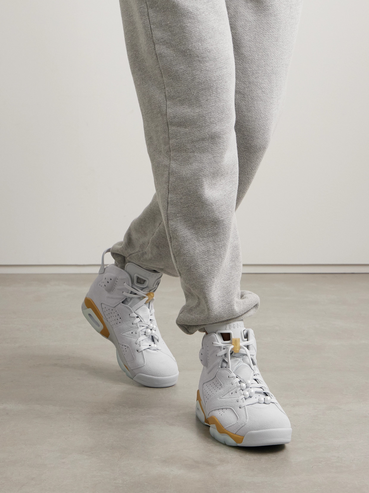 Nike Air Jordan Retro 6 Embellished Satin-trimmed Perforated Suede High-top Sneakers In Gray
