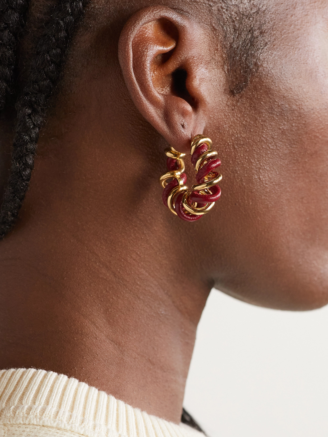 Bottega Veneta Gold Vermeil And Leather Hoop Earrings In Red