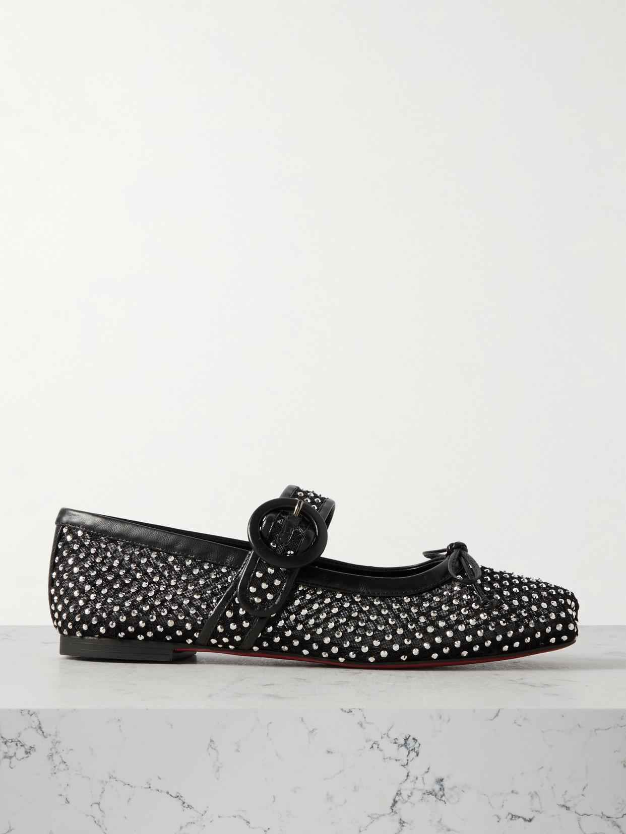 Shop Christian Louboutin Mamastrapitina Crystal-embellished Leather-trimmed Mesh Ballet Flats In Black