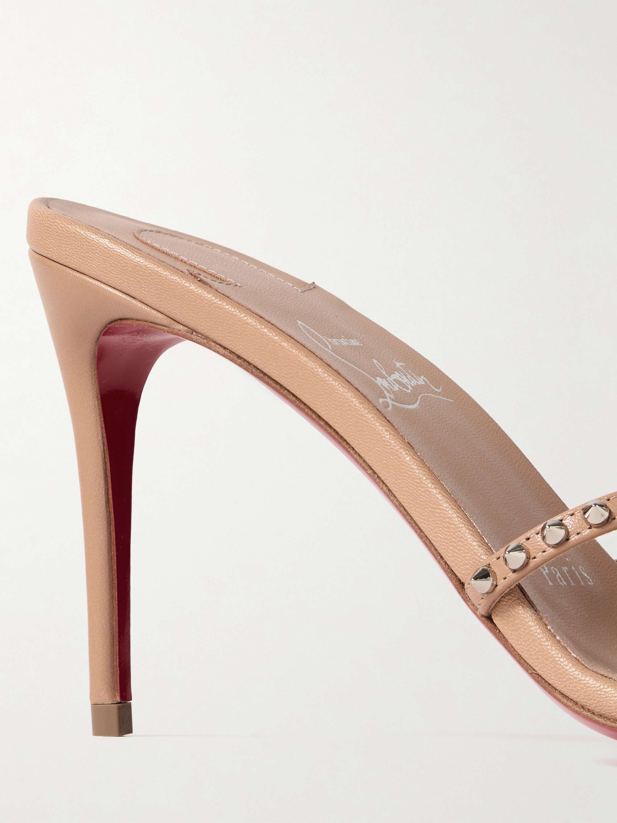 【Christian Loubouti】Tatoosh ブラウンレザースパイクミュール Tatoosh 85 spiked leather mules in brown - Christian