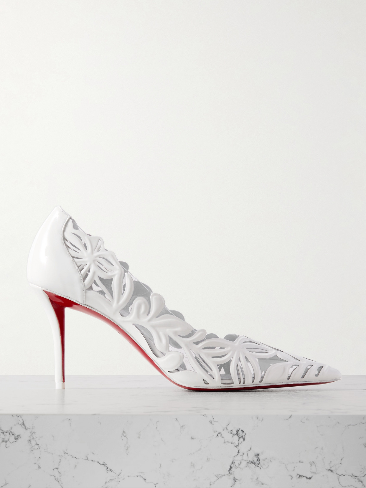 CHRISTIAN LOUBOUTIN APOSTROPHA PETUNIA 80 LEATHER AND PVC PUMPS 