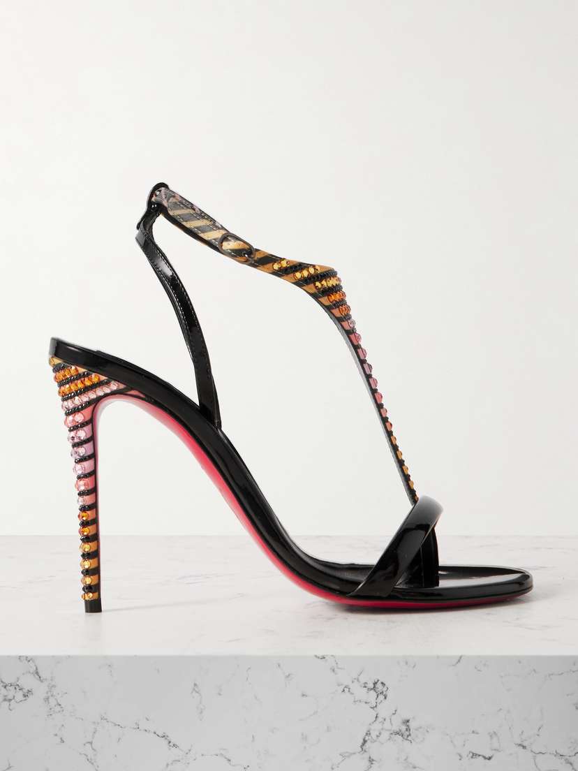 Christian Louboutin Athina 100 Patent Leather-trimmed Crystal-embellished Striped Satin Sandals