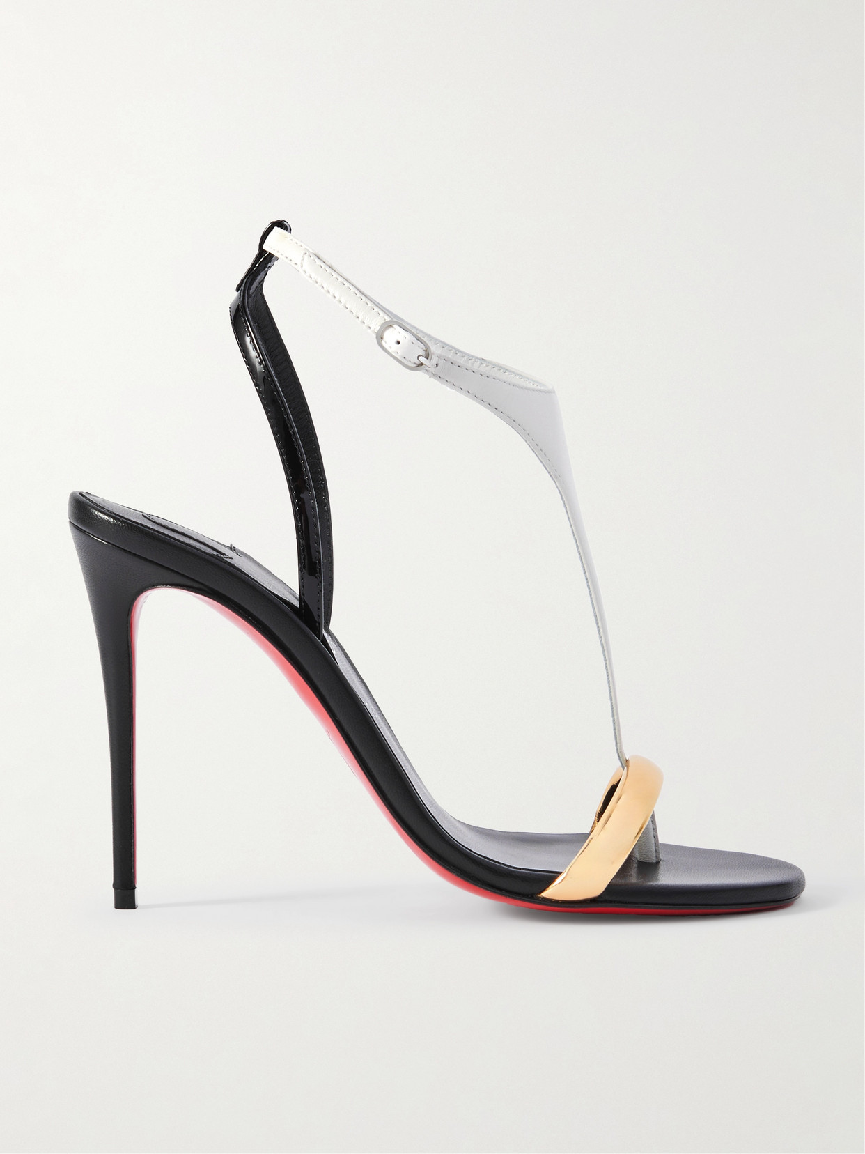 CHRISTIAN LOUBOUTIN ATHINA 100 PATENT, METALLIC AND SMOOTH LEATHER SANDALS