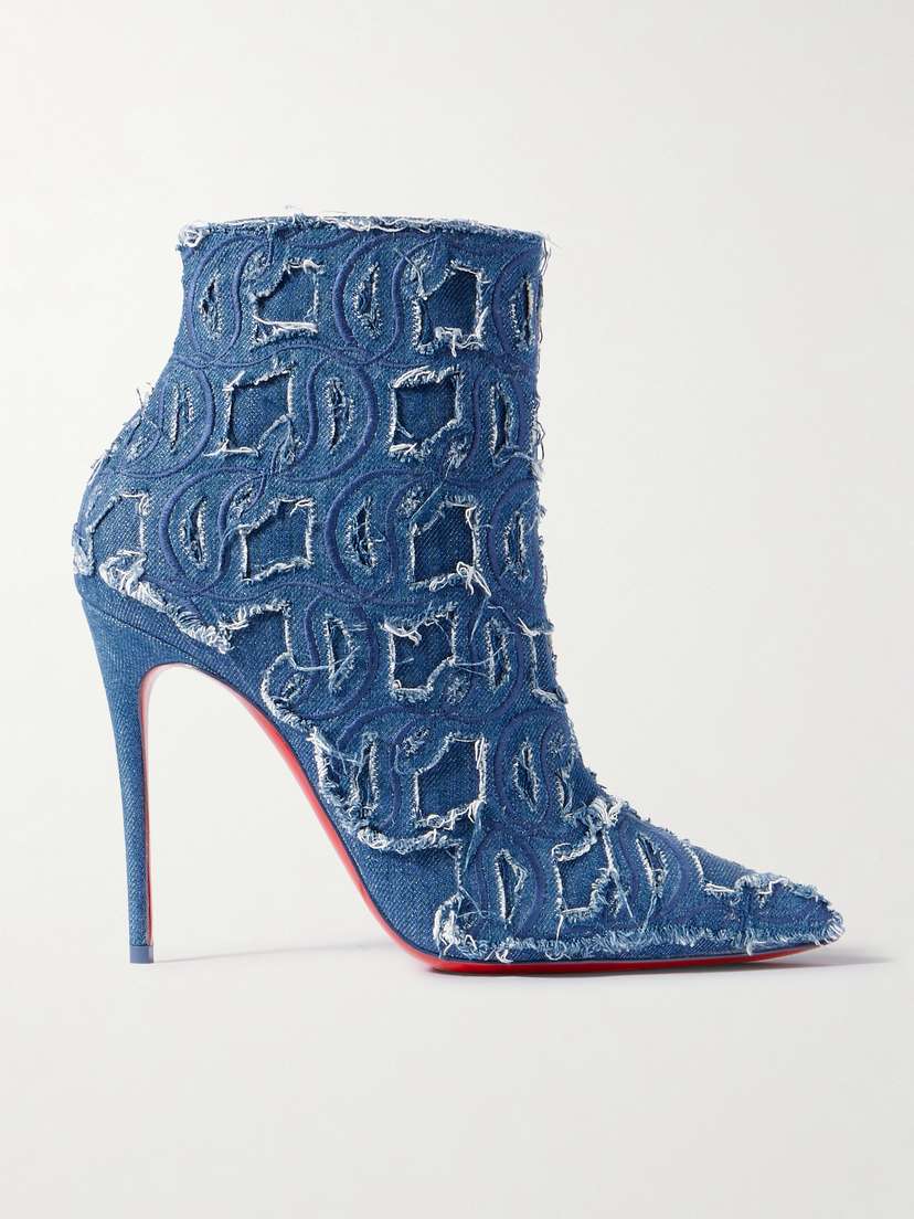 Christian Louboutin So Kate 100 Embroidered Distressed Denim Ankle Boots