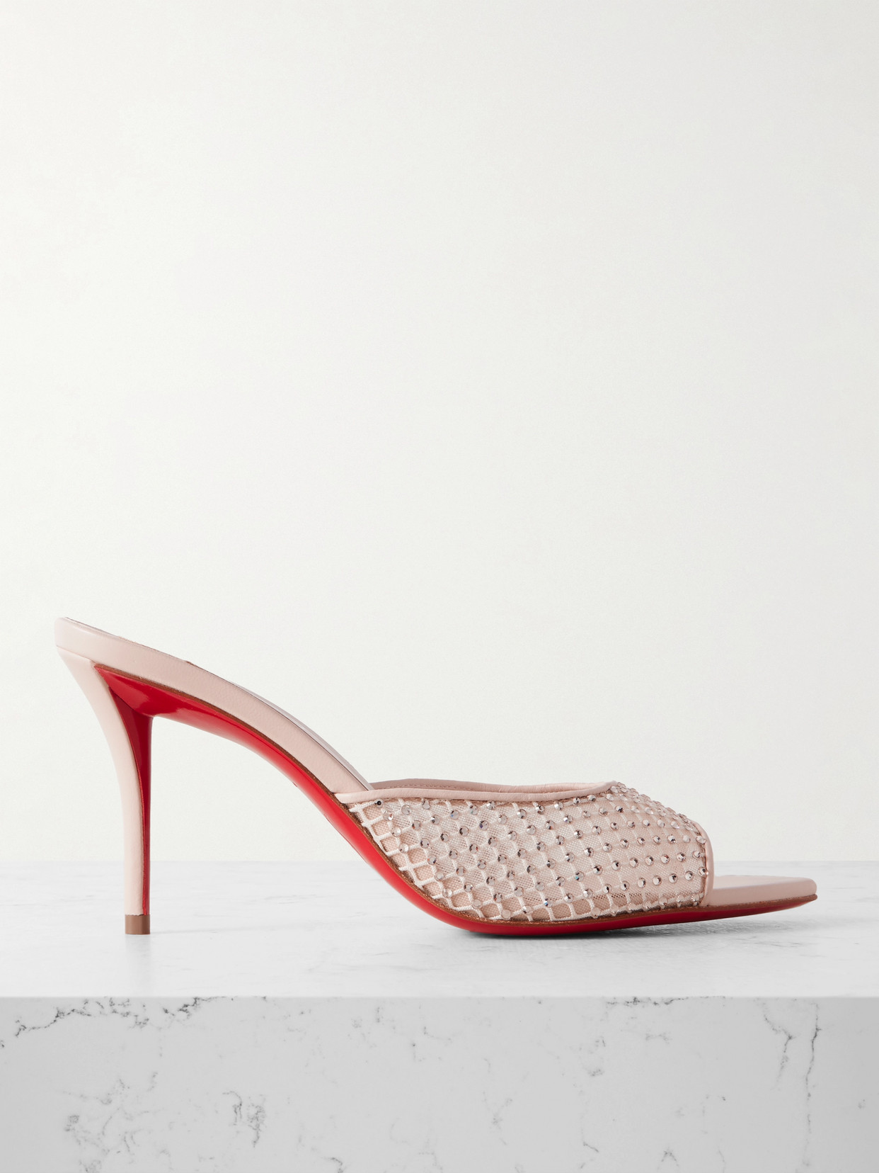 CHRISTIAN LOUBOUTIN APOSTROPHA 80 CRYSTAL-EMBELLISHED LEATHER-TRIMMED MESH MULES