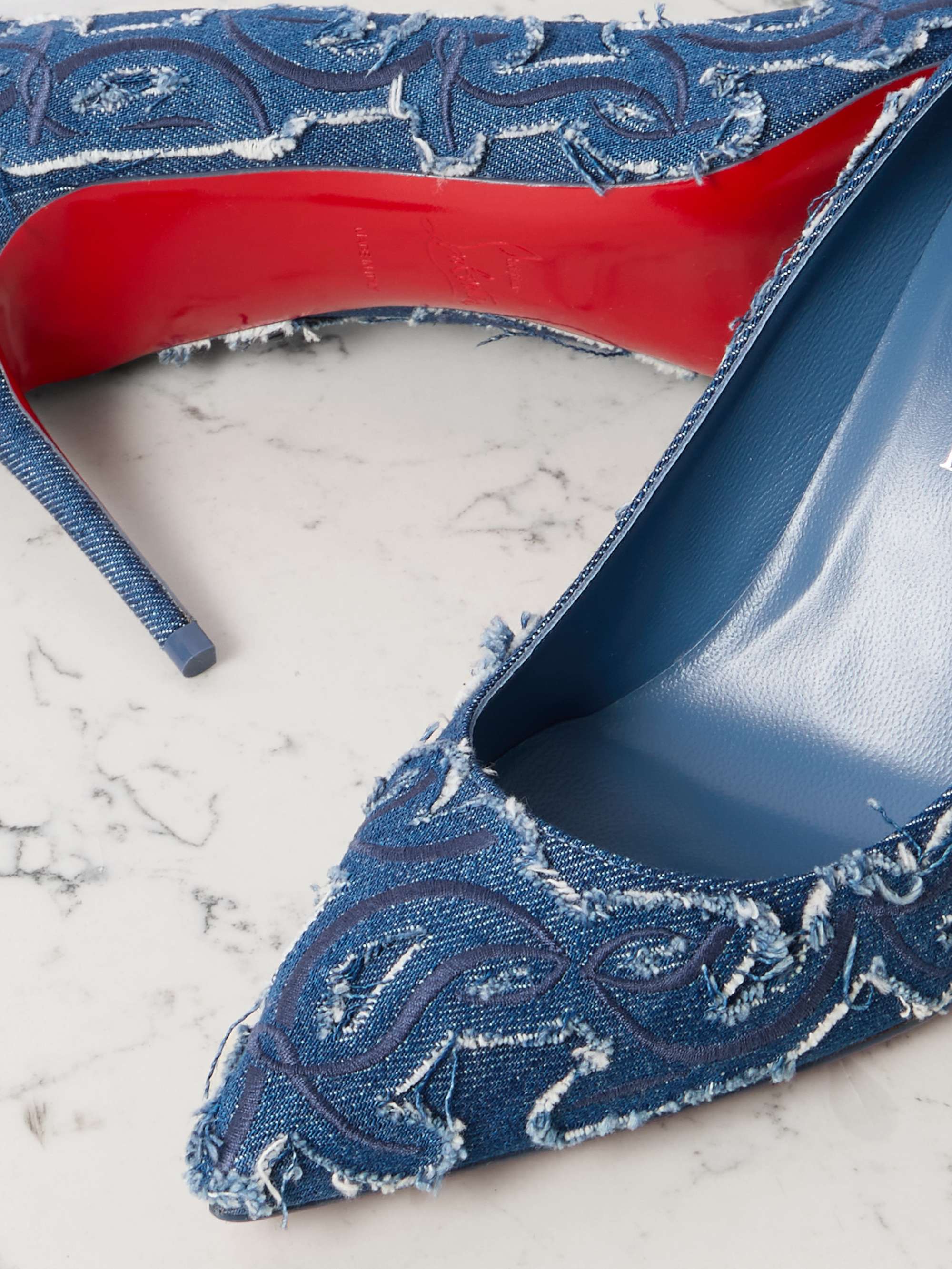 CHRISTIAN LOUBOUTIN Kate 85 embroidered distressed denim CHRISTIAN LOUBOUTIN Kate 85 embroidered distressed denim