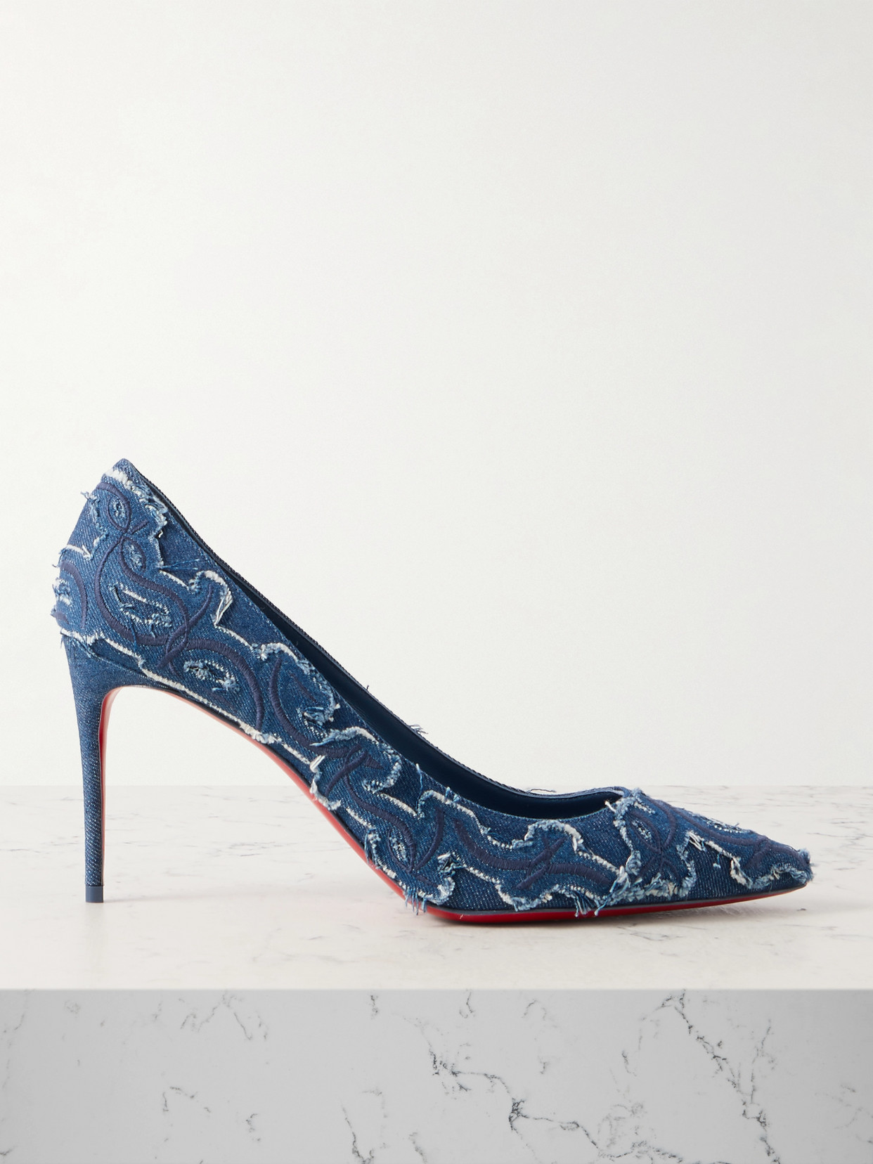 CHRISTIAN LOUBOUTIN KATE 85 EMBROIDERED DISTRESSED DENIM PUMPS