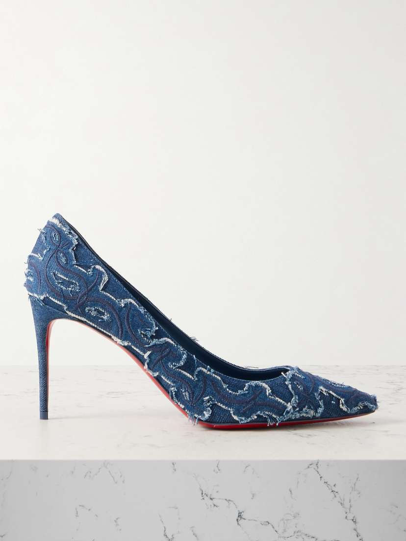 Christian Louboutin Kate 85 Embroidered Distressed Denim Pumps