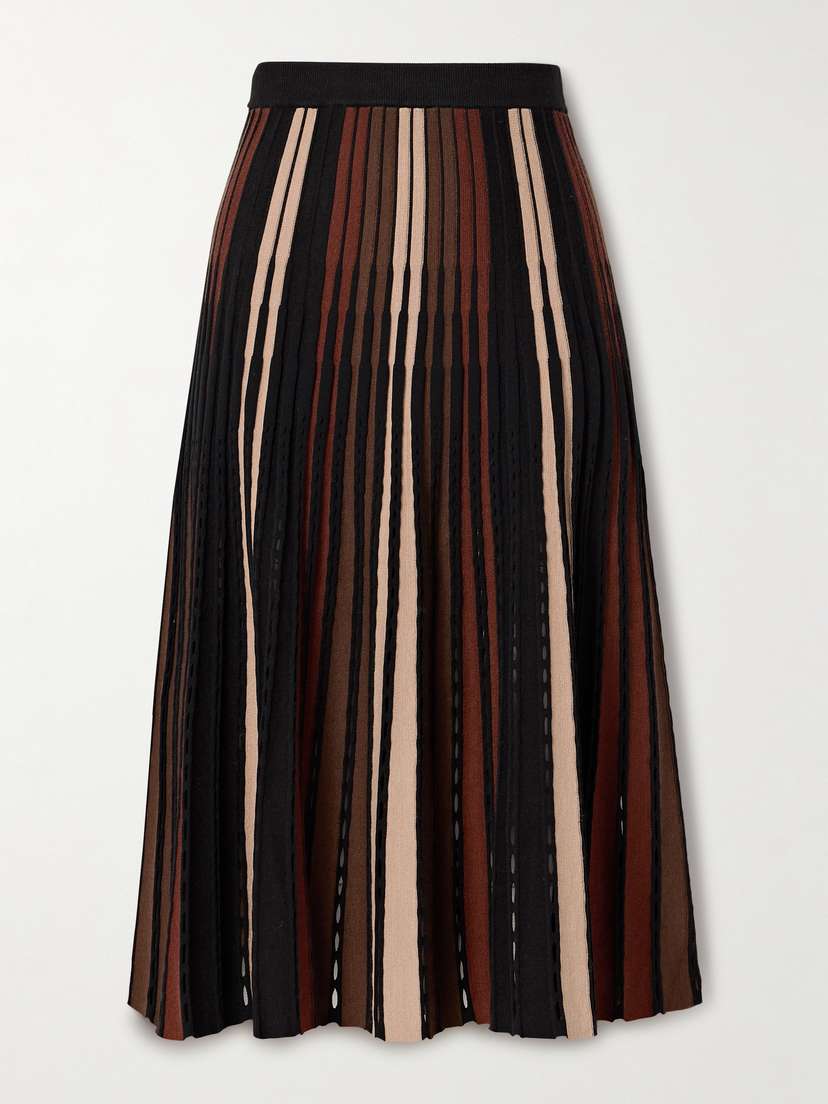 Diane von Furstenberg Tribeca Cutout Pleated Striped Ribbed-knit Midi Skirt - x large
