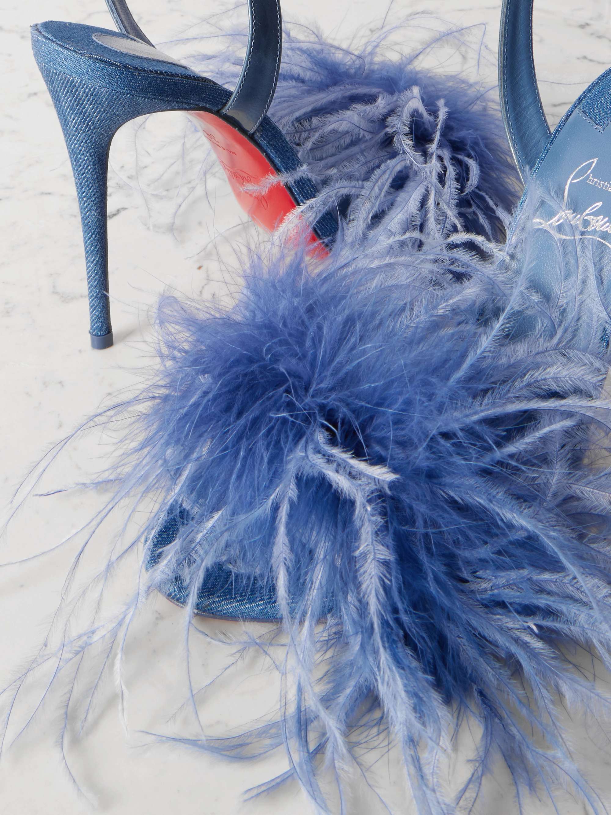 Loubipoupi 100 patent leather trimmed denim and feather sandals light denim IT36.5