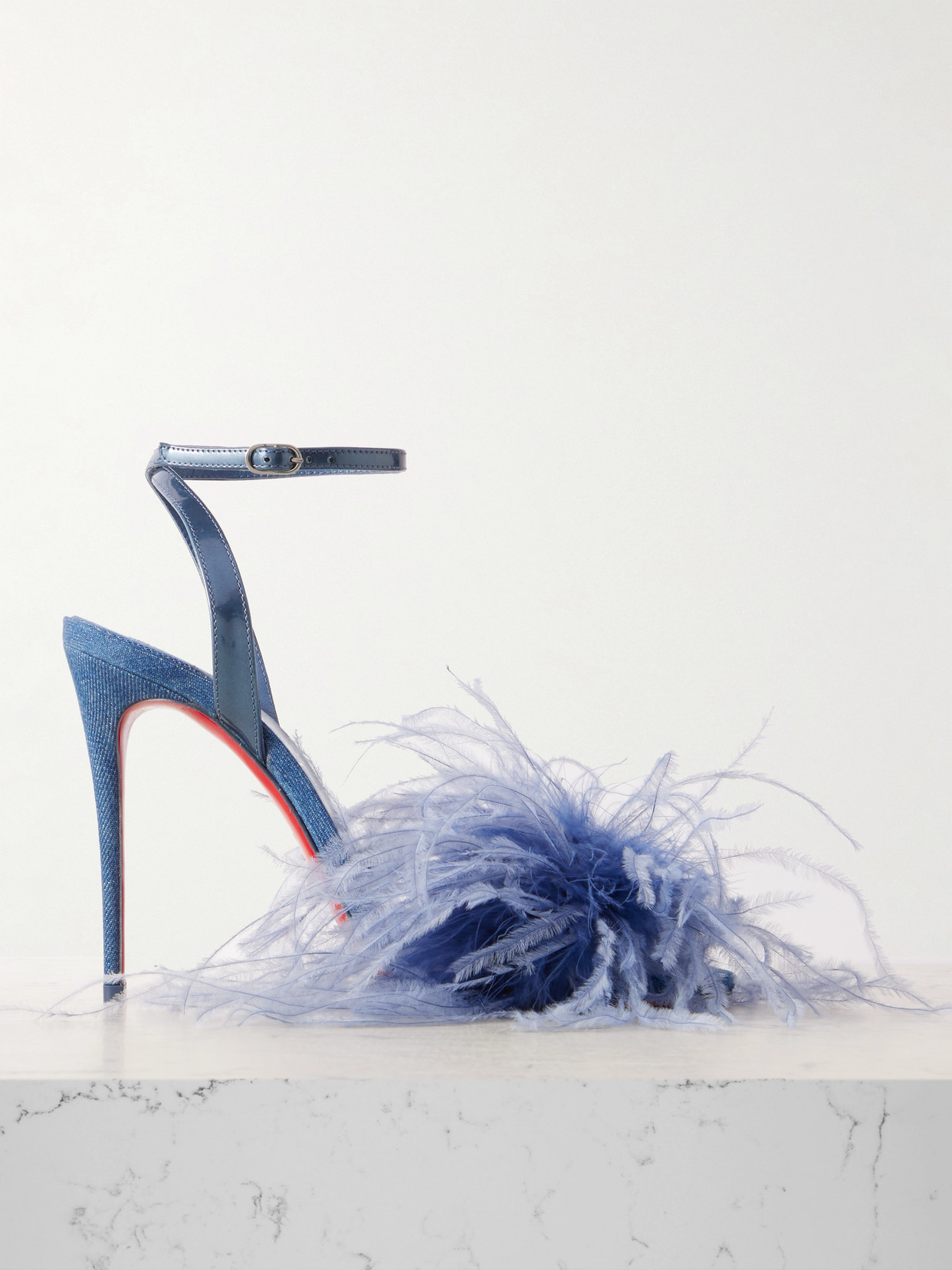 CHRISTIAN LOUBOUTIN LOUBIPOUPI 100 PATENT LEATHER-TRIMMED DENIM AND FEATHER SANDALS