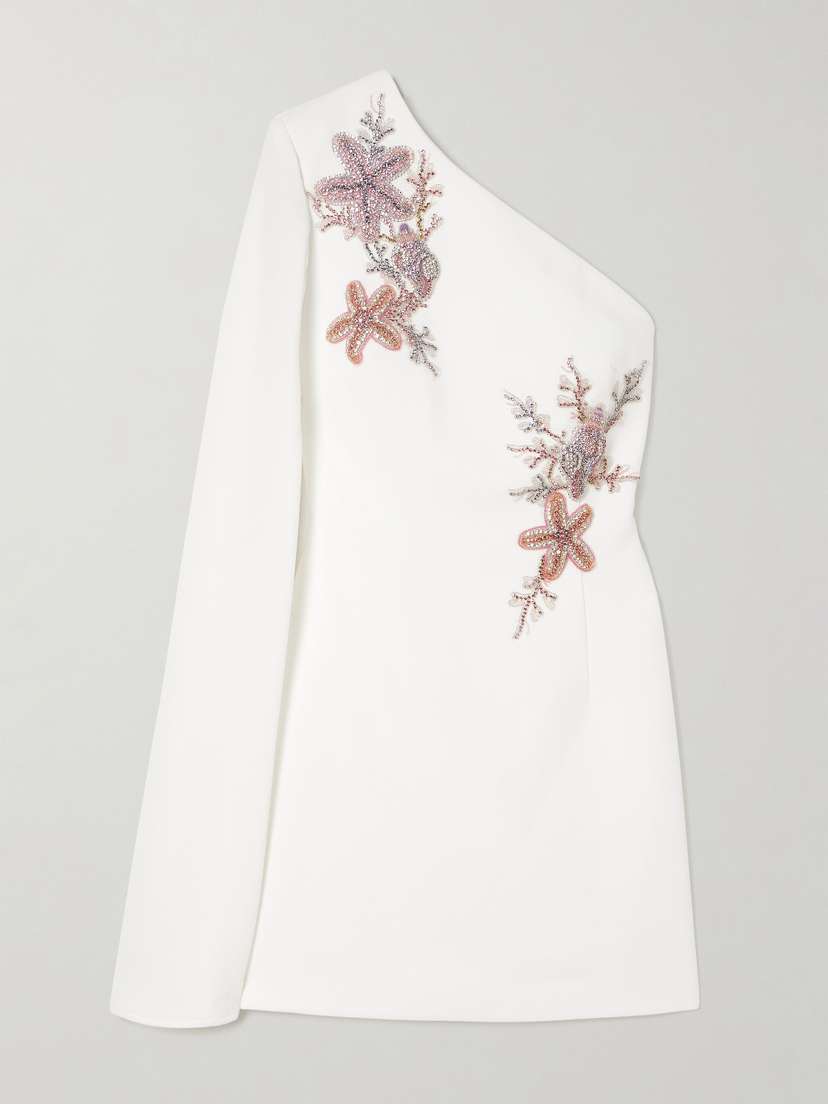 Rebecca Vallance Chantara One-shoulder Bead-embellished Textured-crepe Mini Dress - UK 14