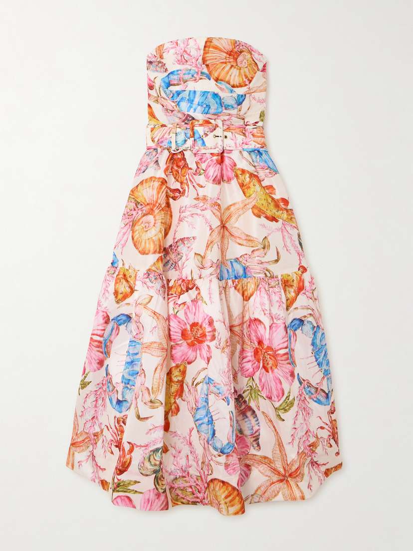 Rebecca Vallance Summer Seas Strapless Gathered Belted Printed Taffeta Midi Dress
