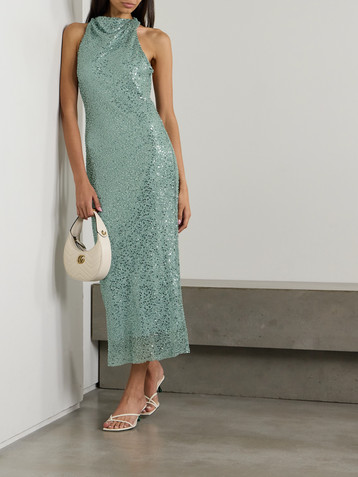 Rebecca Vallance Nixie open-back embellished metallic mesh midi dress