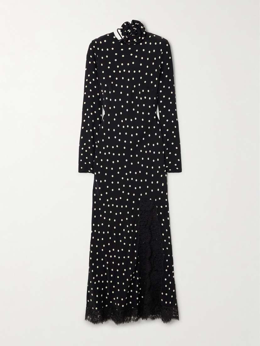 Rebecca Vallance Celyn Appliquéd Lace-trimmed Polka-dot Satin-jersey Midi Dress - UK 14