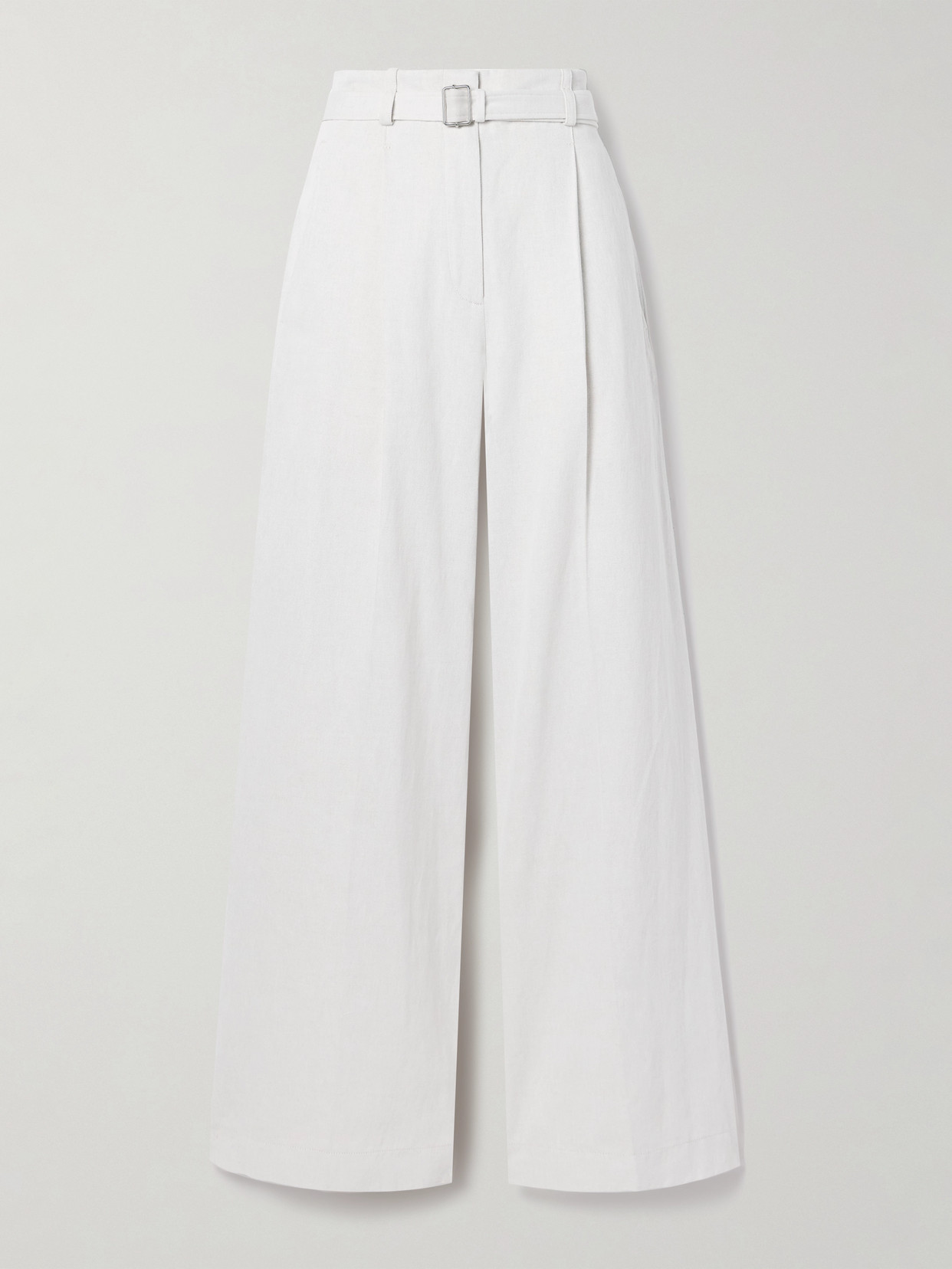 Proenza Schouler Dana Belted Faux Leather-trimmed Pleated Cotton And Linen-blend Wide-leg Pants In Ecru