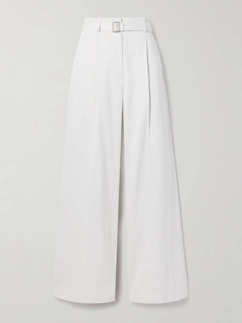 Proenza Schouler Dana Belted Faux Leather-trimmed Pleated Cotton And Linen-blend Wide-leg Pants