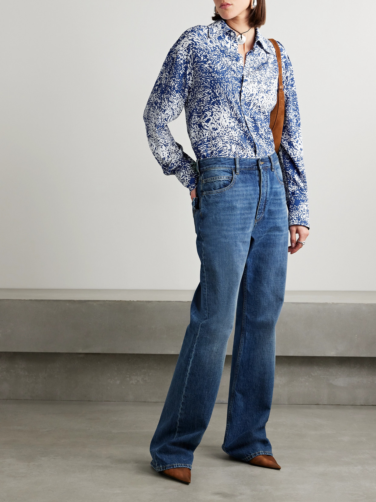 Proenza Schouler Norman Printed Viscose Crepe De Chine Collared Top In Blue