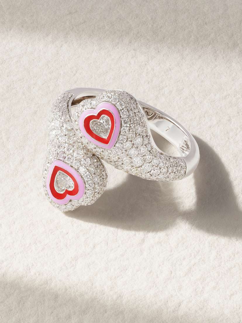Kamyen Gemini Heart 18-karat White Gold, Diamond And Enamel Ring