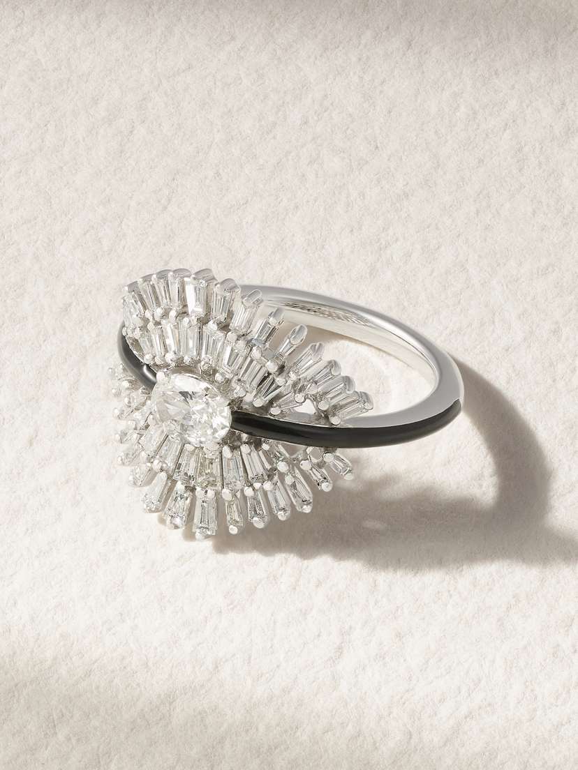 Kamyen Eyelash 18-karat White Gold, Diamond And Enamel Ring