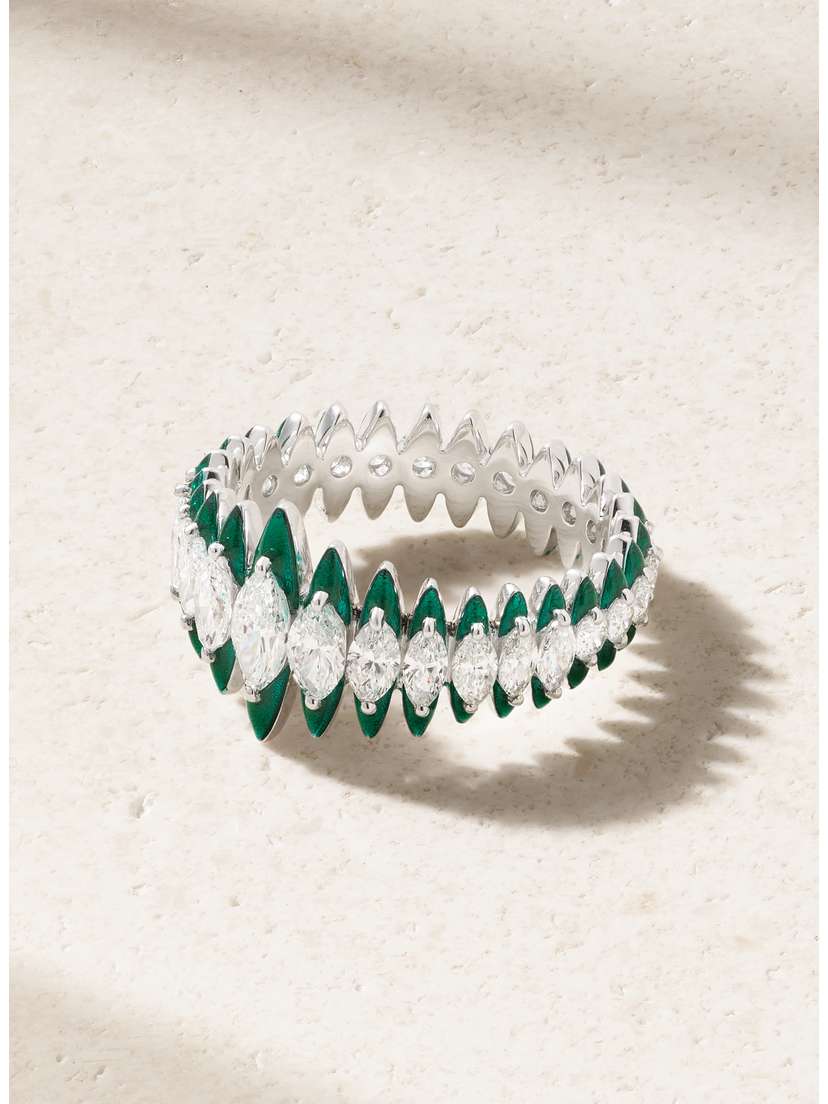 Kamyen Marquise Coronal 18-karat White Gold, Enamel And Diamond Ring