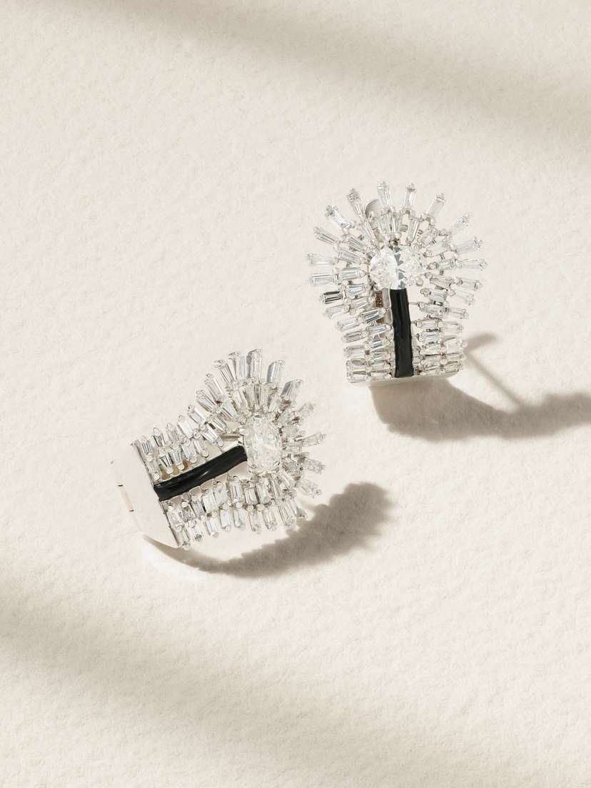 Kamyen Eyelash 18-karat White Gold, Diamond And Enamel Earrings