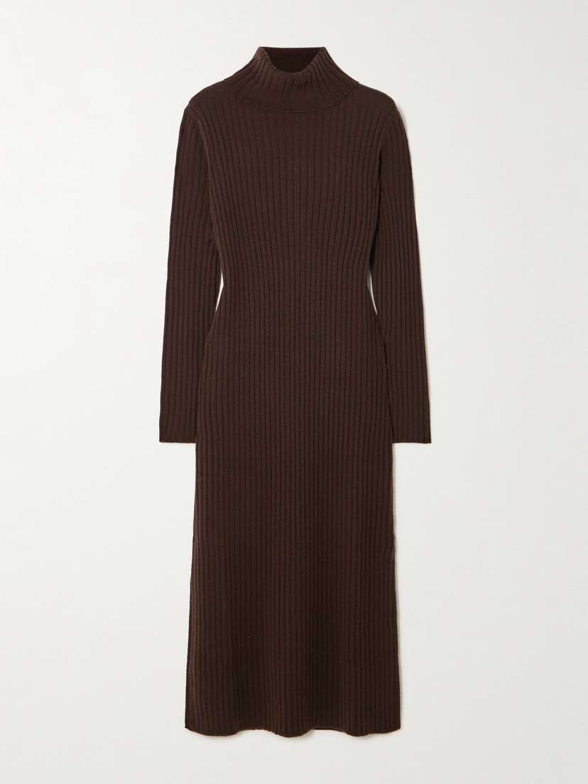 Allude Ribbed Cashmere Turtleneck Midi Dress