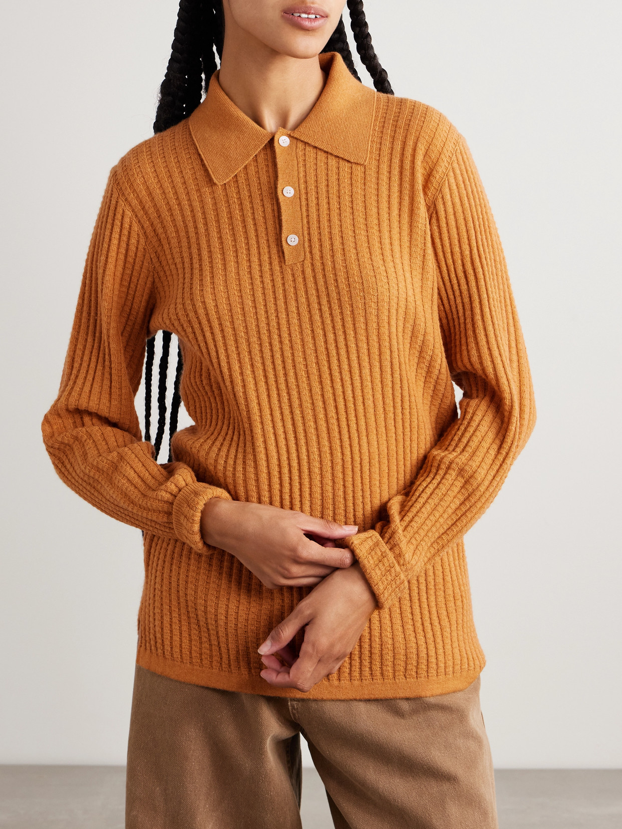 Guest In Residence Ribbed Waffle-knit Cashmere Polo Sweater In Yellow