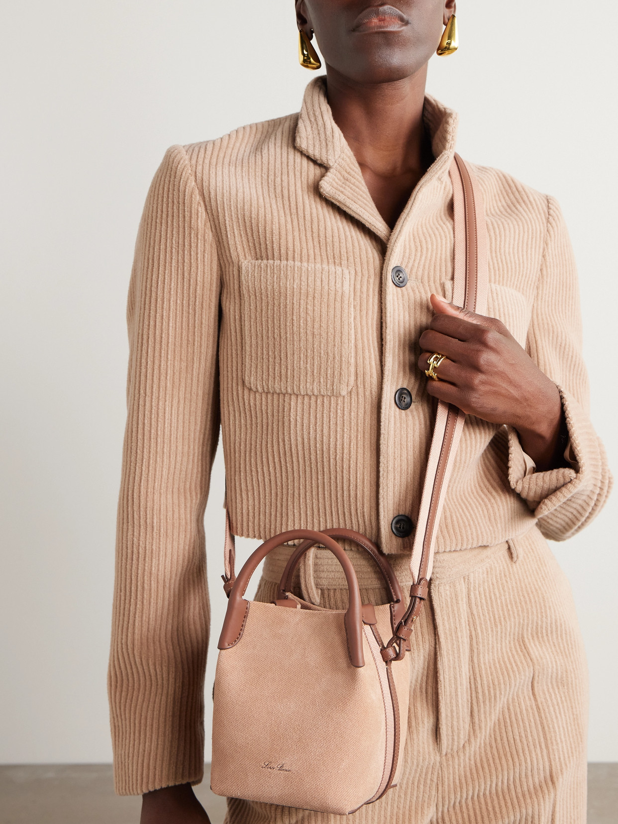 Loro Piana Bale Micro Canvas And Leather-trimmed Suede Shoulder Bag In Neutrals