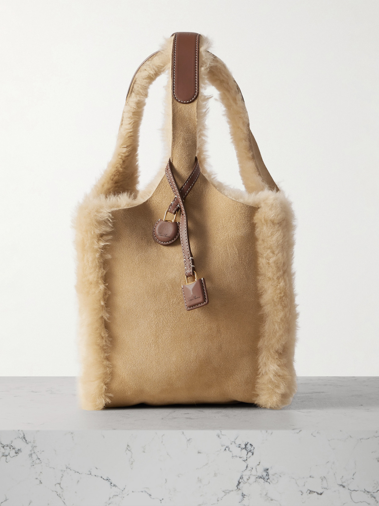 Loro Piana Kite Leather-trimmed Shearling Shoulder Bag In Brown
