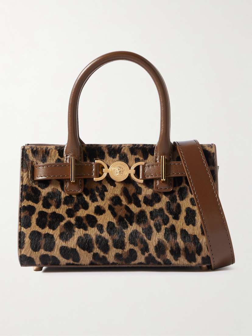 Versace Embellished Mini Leather-trimmed Leopard-print Pony Hair Tote
