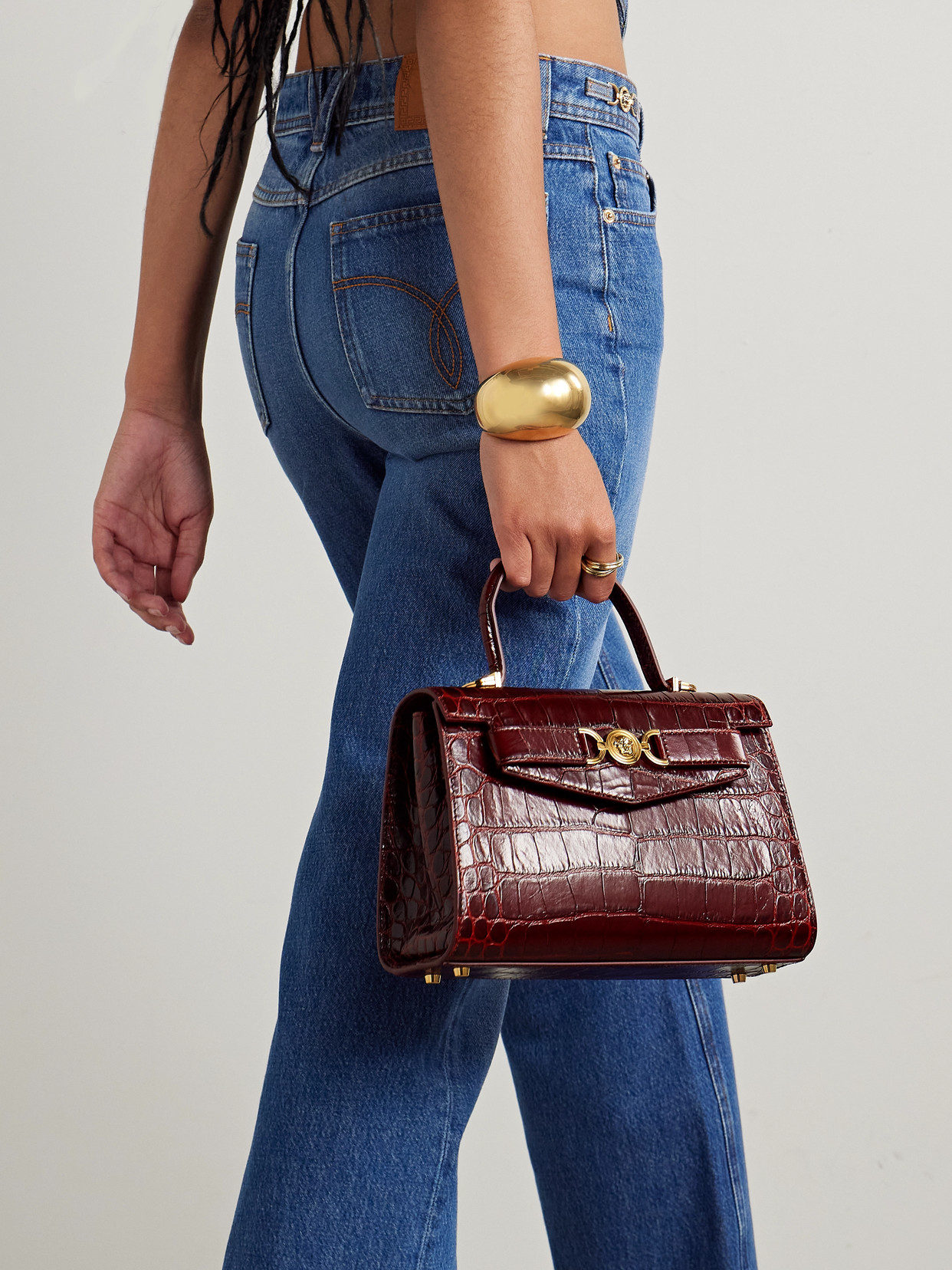 Versace Crocodile-embossed Tote Bag In Burgundy