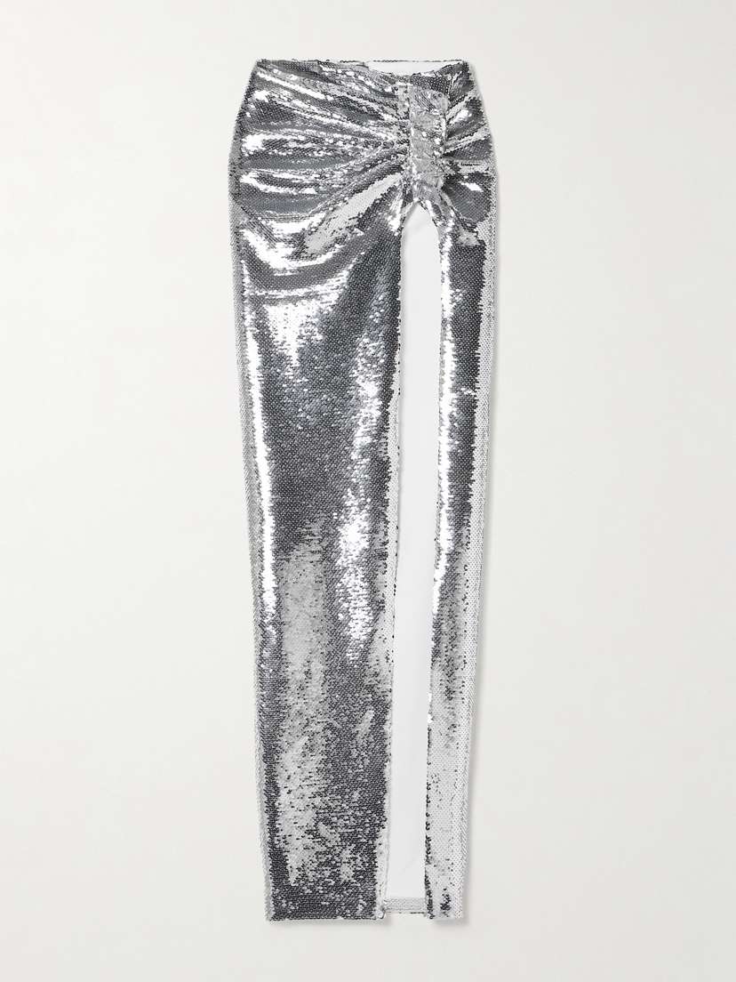 Mônot Mia Gathered Sequined Tulle Maxi Skirt