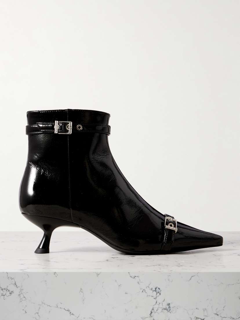 Ganni Buckled Vinyl Point-toe Ankle Boots