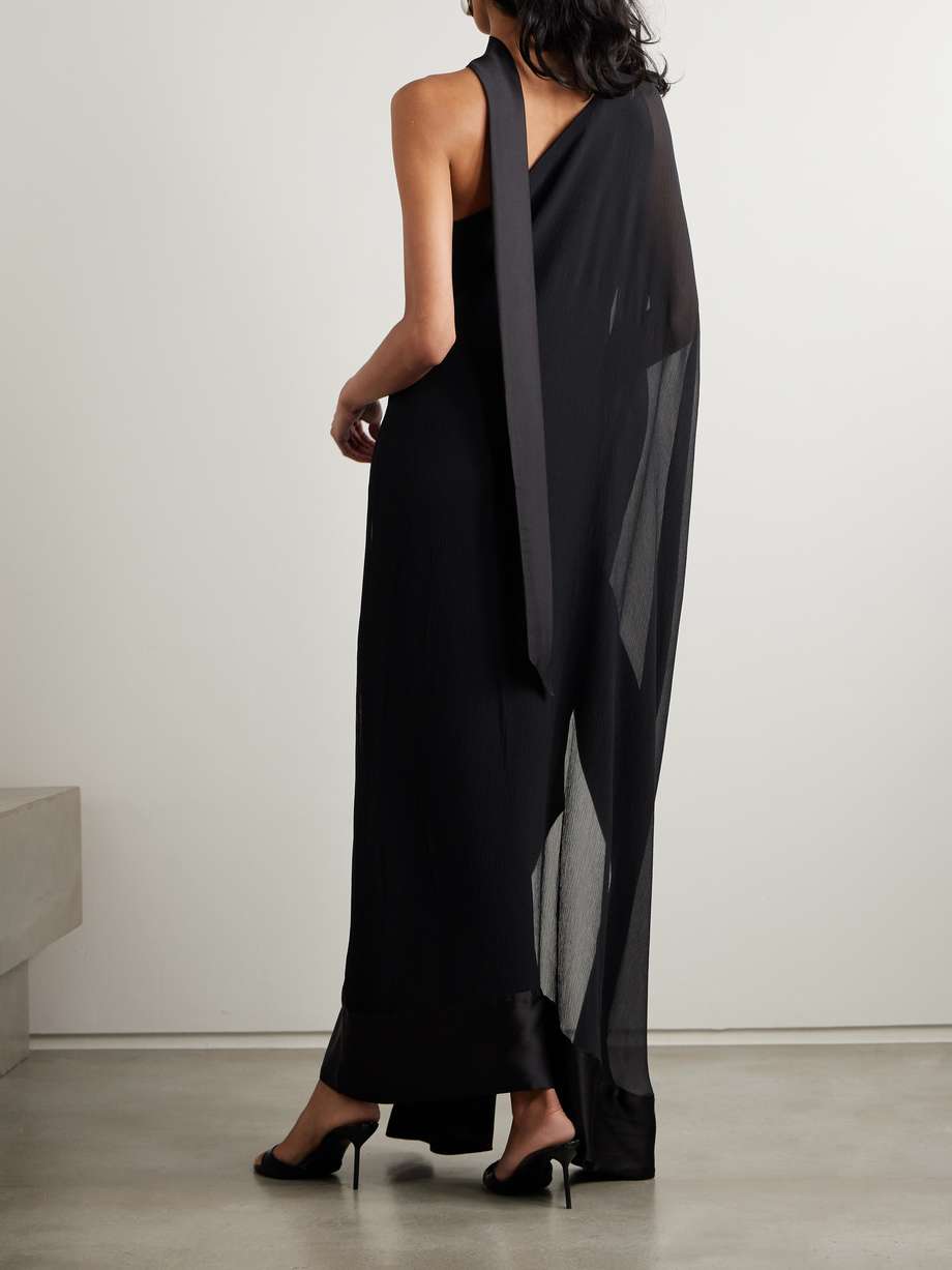 betsy spirito one-shoulder satin-trimmed silk-chiffon dress