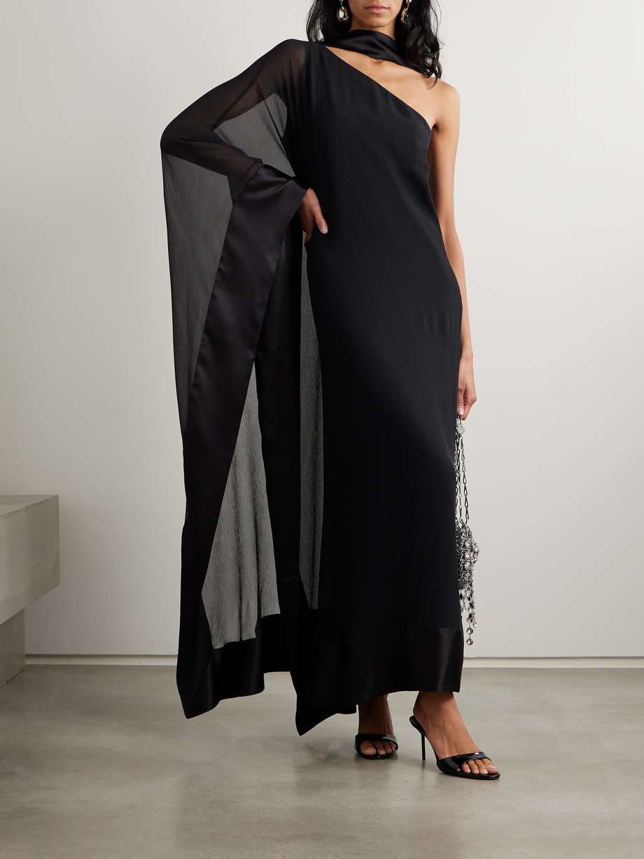 betsy spirito one-shoulder satin-trimmed silk-chiffon dress