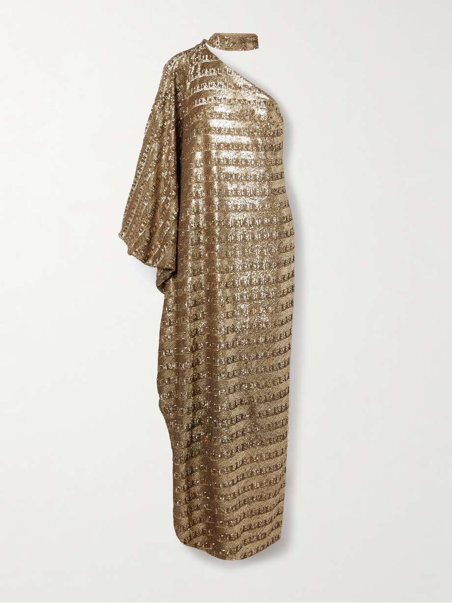 ubud one-sleeve draped sequined tulle gown