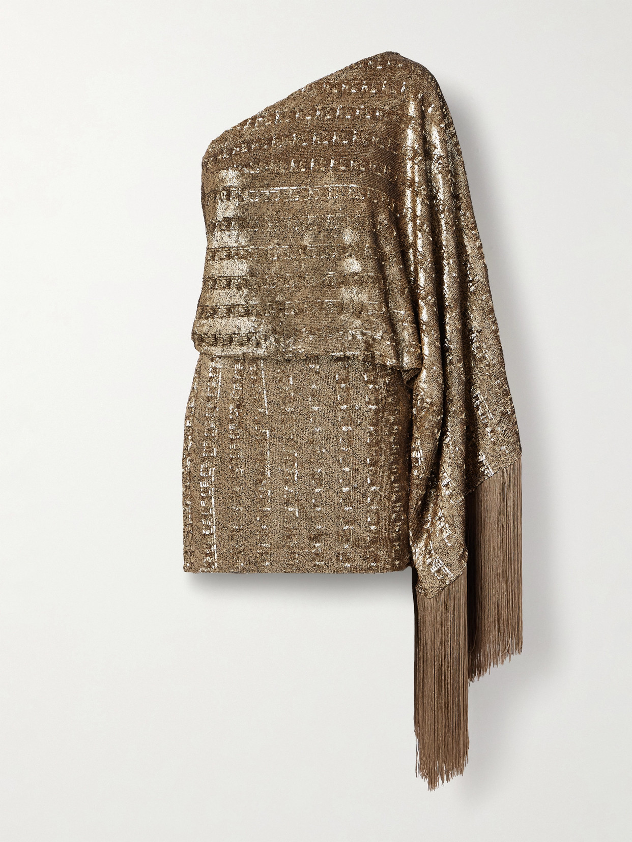 Taller Marmo Eternity One-sleeve Fringed Sequined Satin Mini Dress In Gold