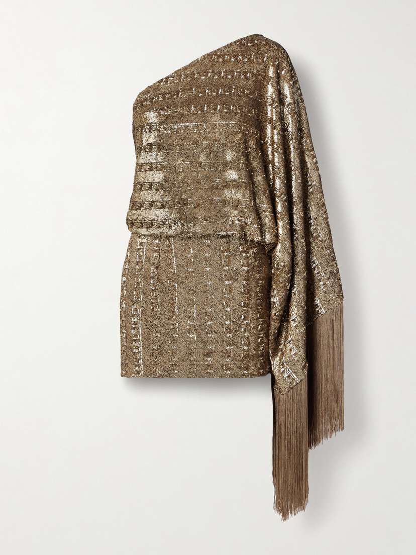 Taller Marmo Eternity One-sleeve Fringed Sequined Satin Mini Dress