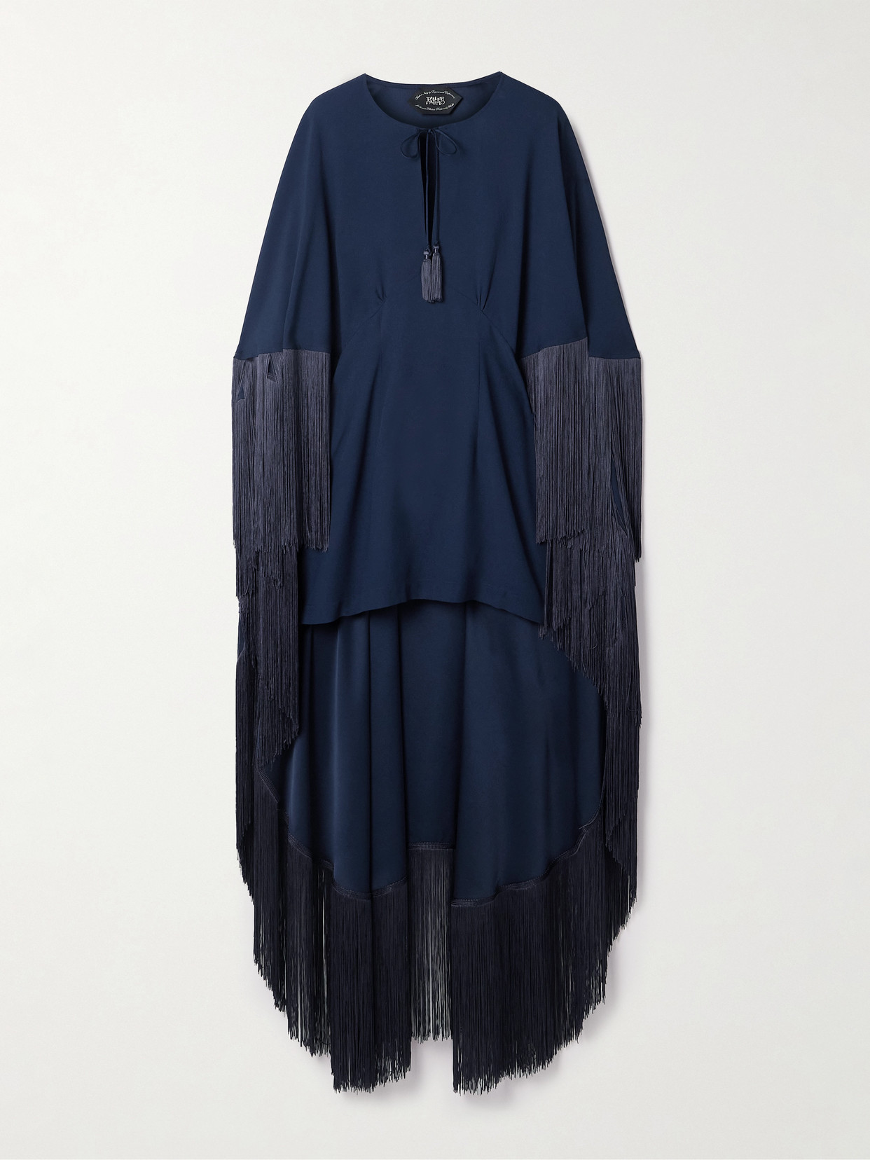 Taller Marmo 1970 Cape-effect Fringed Crepe Mini Dress In Blue